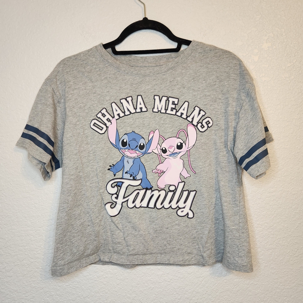 Disney stitch Ohana Means Family Kids Gray T-Shirt Womens' M  heather gray blue
